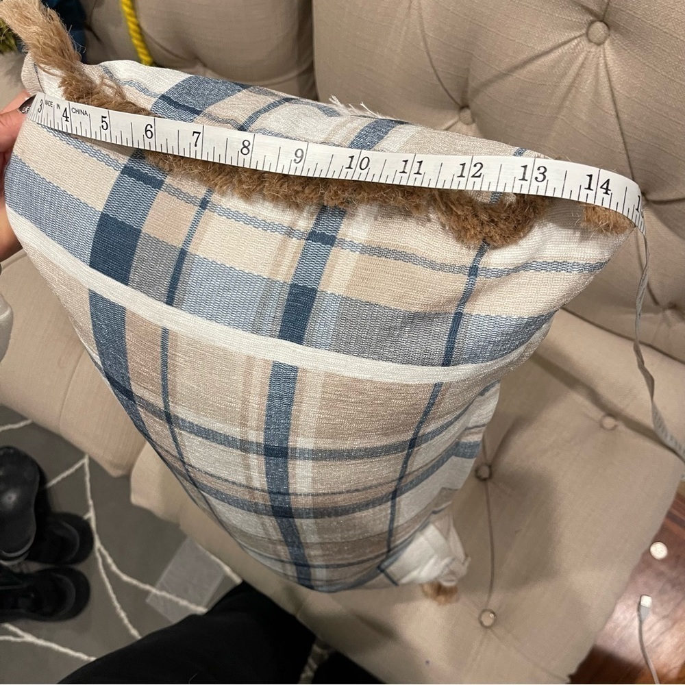 3D Jute Plaid Long Decorating Pillow 26”x15” Blue White Tan - Picture 6 of 7